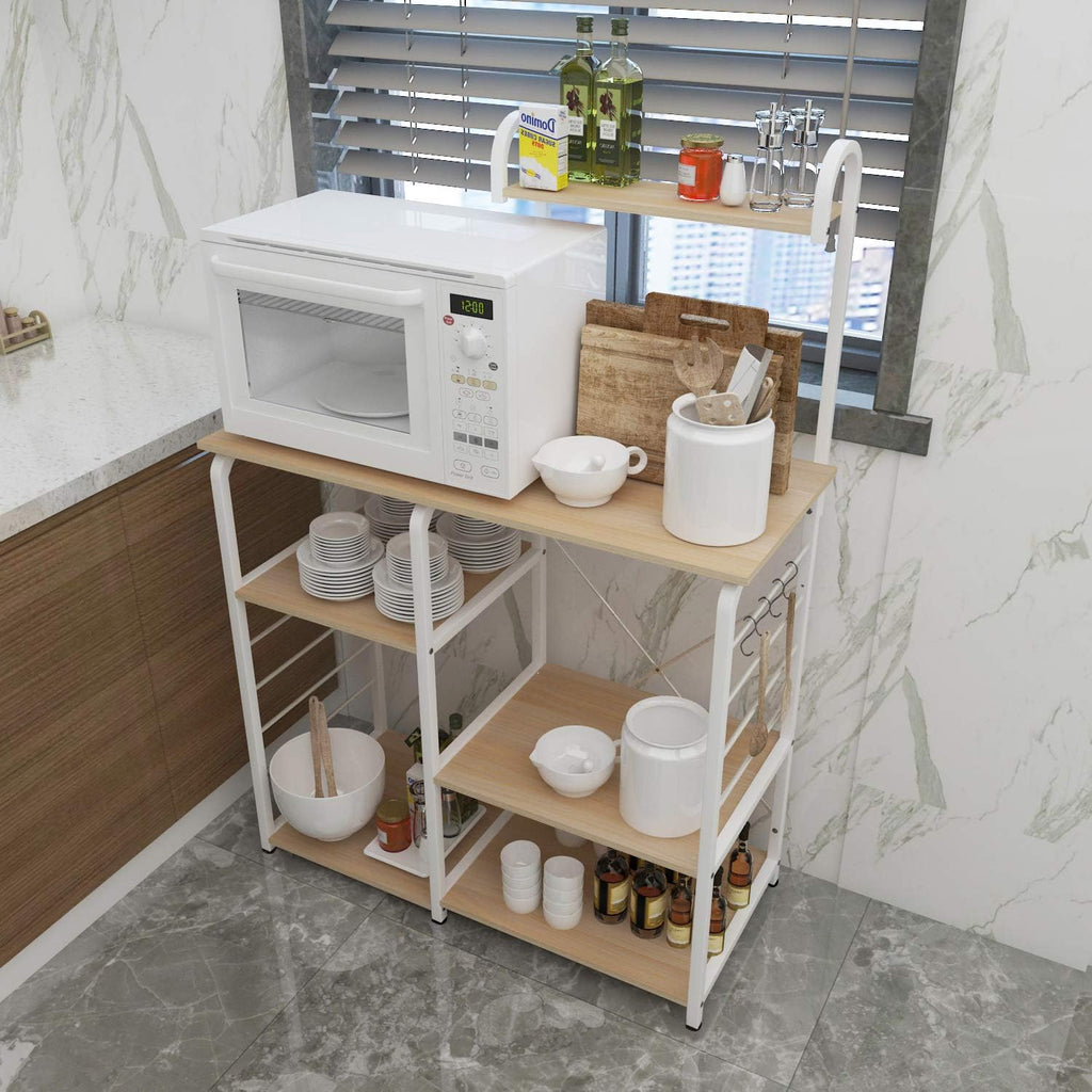 soges Microwave Cart Coffee Station, Kitchen Bakers Rack, Utility Microwave Oven Stand Storage Cart, Workstation Shelf, White Oak 172-MO