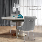 Modern Dining Chairs Set of 2 with Silver Metal Legs, Velvet Upholstered Kitchen Chair Pleated Back, Mid Century Accent Chair for Vanity, Living Room, Grey