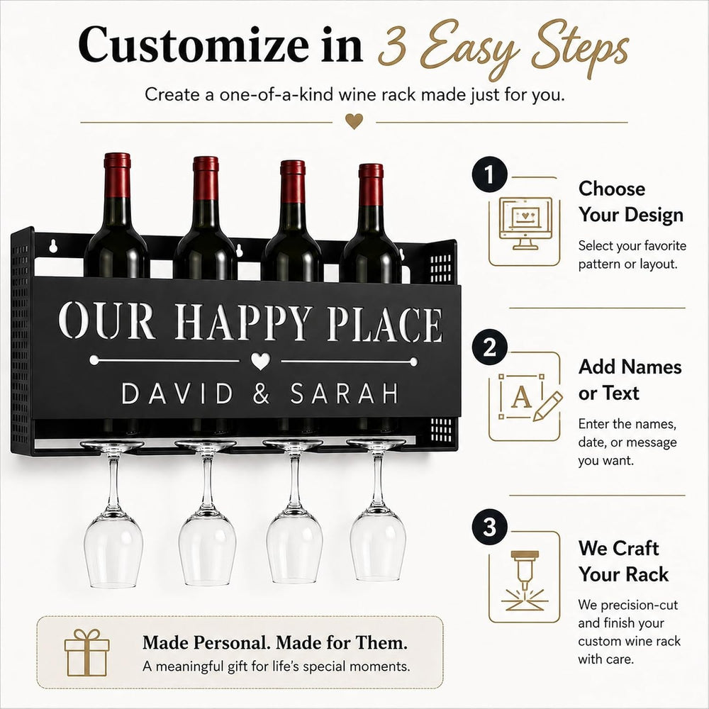 Personalized Wine Rack Wall Mounted with Glass Holder, Custom Name Wine Bottl...