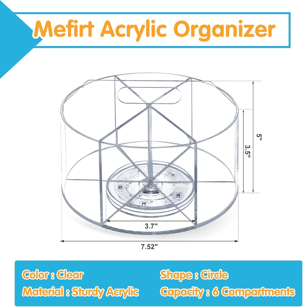 Acrylic Pen Holder, 360 Degree Rotating Pen Organizer, Rotating Desk Acrylic Office Organizer with 6 Compartments, Marker Organizer for Kid, Crayon Caddy School Art Supply Storage Organizer