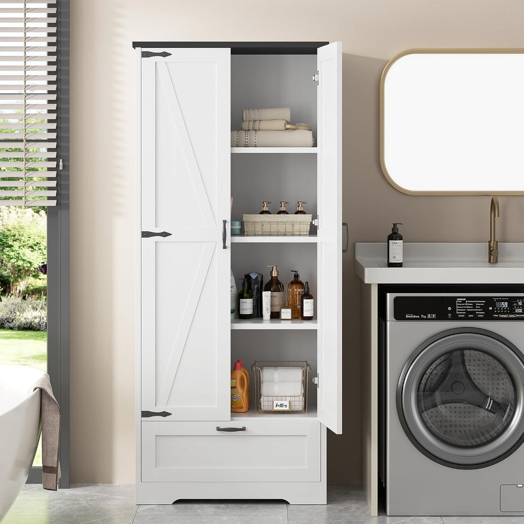 Shintenchi 65" Kitchen Pantry Cabinet, Farmhouse Tall Cupboard, White | Freestanding Cabinet, with 4 Shelves and 1 Drawer, for Kitchen, Living Room, Dining Room and Bathroom