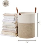 VIPOSCO Tall Laundry Basket, Large Dirty Clothes Hamper with Leather Handle, Woven Rope Storage Basket for Blanket, Toy In Living Room, Bathroom, Bedroom - 58L White & Brown