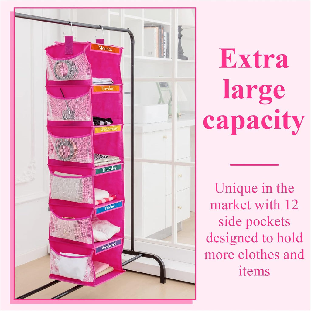 2 Pcs 6 Shelf Hanging Weekly Clothes Organizer for Kid,Rose Red | Closet Organization, Hanging Closet Shelves with Side Pockets, Labeled Shelves with Days of The Week Monday Through Weekend