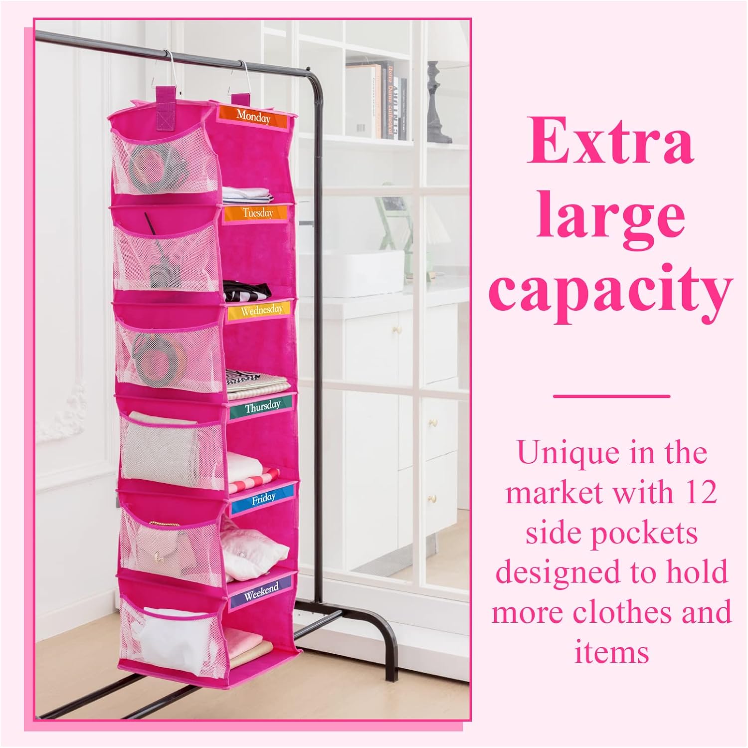 2 Pcs 6 Shelf Hanging Weekly Clothes Organizer for Kid,Rose Red | Closet Organization, Hanging Closet Shelves with Side Pockets, Labeled Shelves with Days of The Week Monday Through Weekend