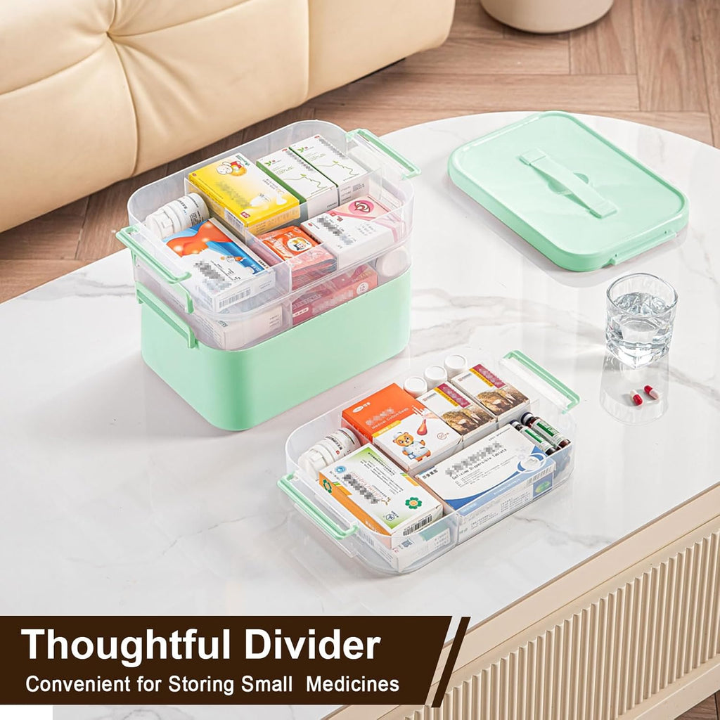 4-Tier Portable Medicine Cabinet Organizer, Large Medicine Storage Box with Handle, Plastic First Aid Box Empty, Multipurpose Medical Supply Organizer, Medication Storage with 3 Removable Tray (Green)