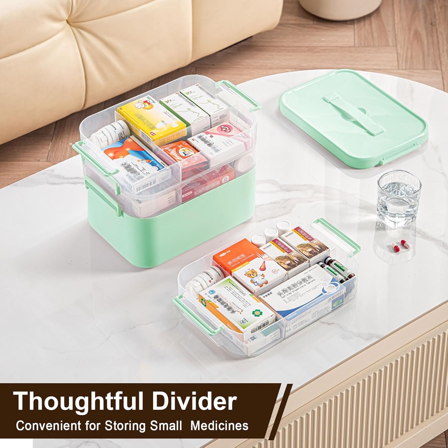 4-Tier Portable Medicine Cabinet Organizer, Large Medicine Storage Box with Handle, Plastic First Aid Box Empty, Multipurpose Medical Supply Organizer, Medication Storage with 3 Removable Tray (Green)