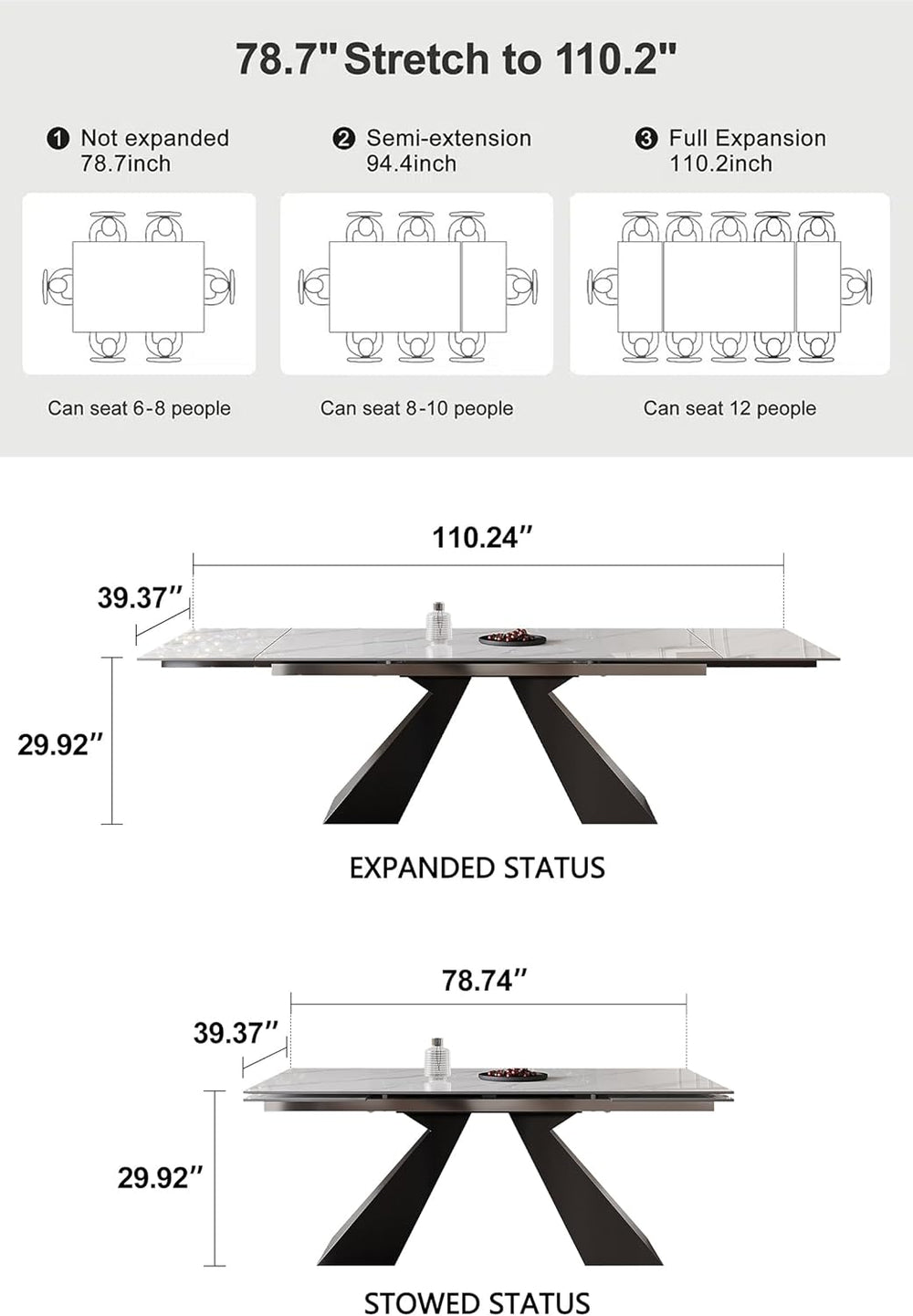Marble Expandable Table for 8-12 People, 78.74-110.24 Inch Adjustable Length,...