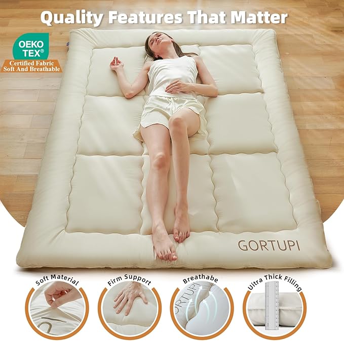 Full Japanese Floor Futon Foldable Futon Mattress for Floor Tatami Mattress Portable Rollaway Bed for Guest Playmat for Kids Tatami Sleeping Pad Japanese Mattress for Adults Beige A