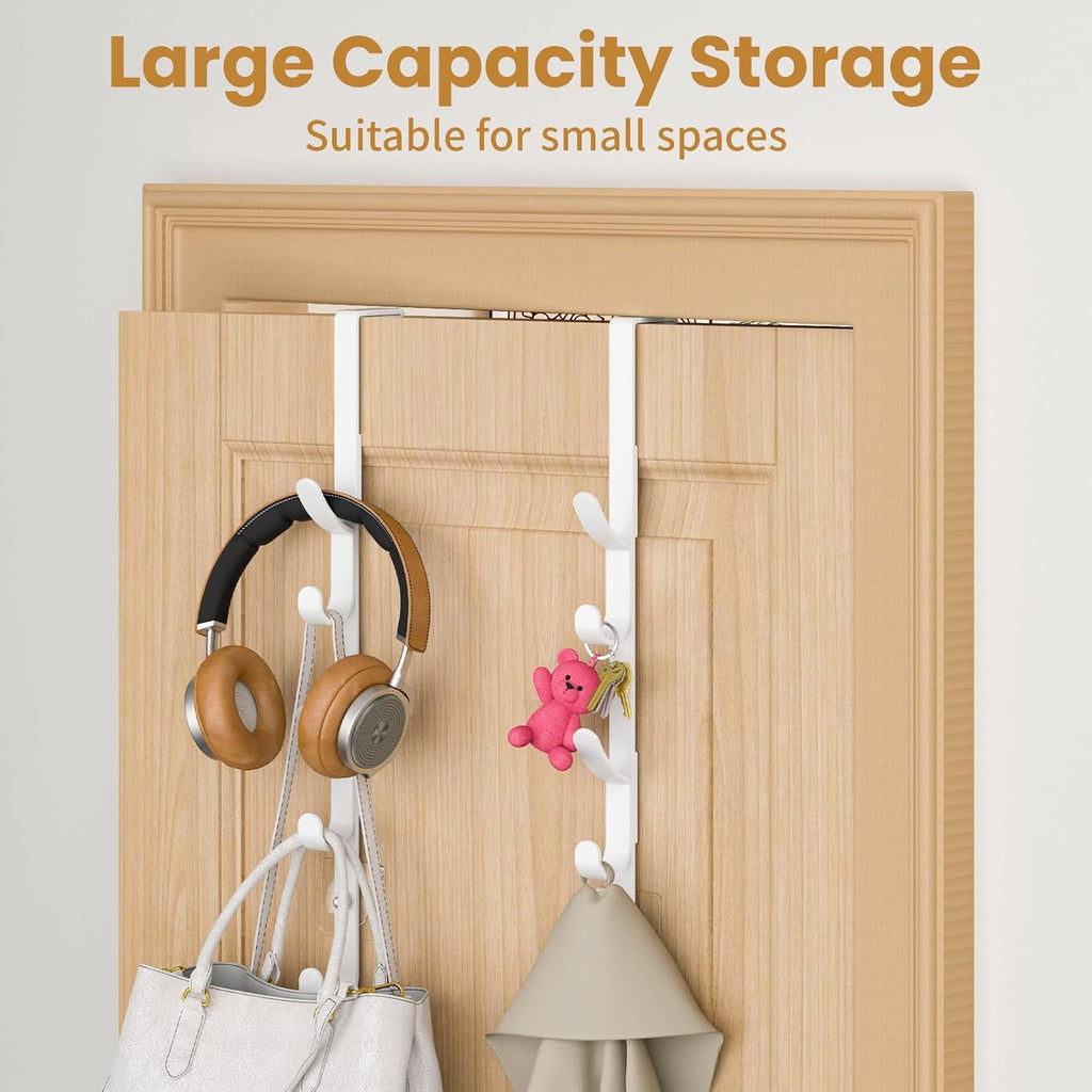 Over The Door Hooks, Metal Door Hooks for Hanging, Over The Door Purse Organizer for Door Coat Hanger, Back of Shower for Hanging Towel Rack Clothes, Hat, Bathroom, Closet (White-2Packs)