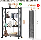 4 Tier Foldable Storage Shelf with Wheels, Heavy Duty Folding Shelf Loads 600 LBS, Metal Steel Collapsible Shelves, Rolling Standing Utility Rack for Kitchen, Pantry, Office, Black