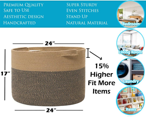 24x24x17 Inch Extra Large Round Blanket Basket for Living Room, Open Woven Cotton Rope Storage Basket, Jumbo Bin for Bedroom Playroom, Jute & Black Mix
