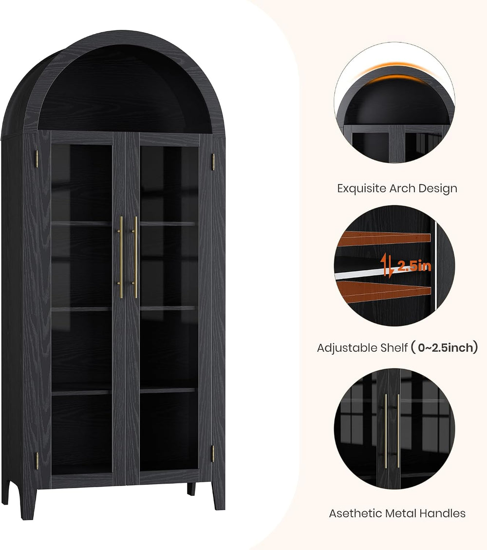 IDEALHOUSE Arched Kitchen Pantry Cabinet with Glass Doors, 5-Tier Farmhouse D...