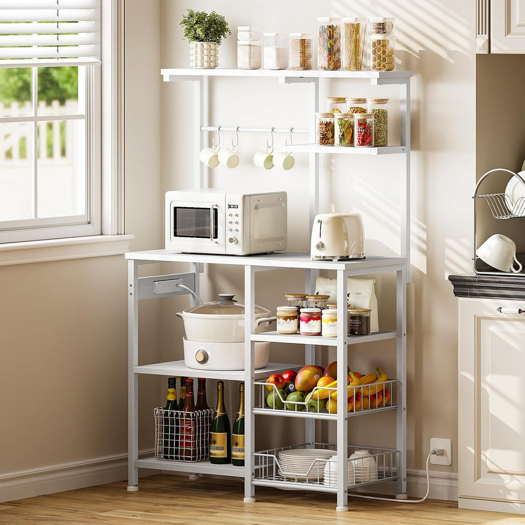 HOOBRO Large Bakers Rack with Power Outlets, 6-Tier Microwave Stand with 4 Hooks, Coffee Bar, Kitchen Shelf with Wire Basket, for Kitchen, Living Room, Office, White WW64UHB01