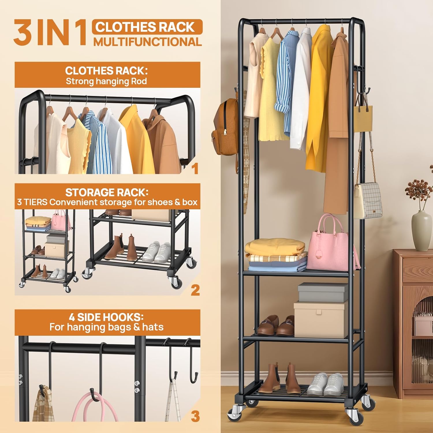 Clothes Rack with Wheels, Freestanding Garment Rack with 3 Metal Shelves for Hanging Clothes, Portable Hanging Rod for Small Room, Bedroom, Bathroom (Black)
