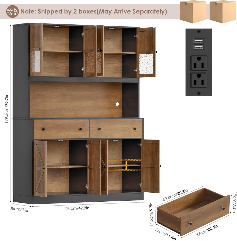 FINETONES 71" Pantry Cabinet with LED Light and Charging Station | Farmh...