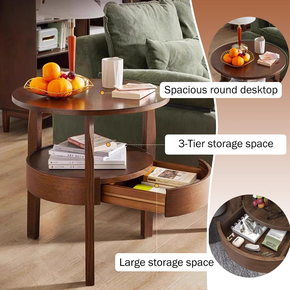 YUNMUAIR-Round Side Table with Drawer,2-Tier Vintage End Table with Storage,N...