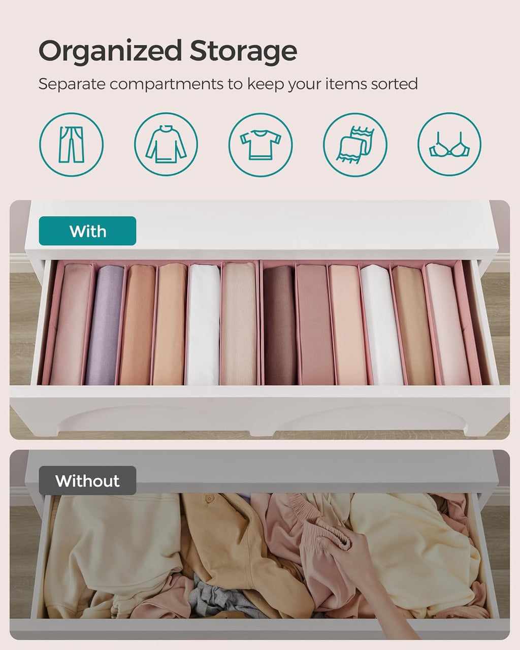 SONGMICS Set of 4 Large Size Wardrobe Clothes Organizers, 6-Compartment Foldable Drawer Organizers with Handles, 16.5 x 11.8 x 6.7 Inches, for Pants, Sweaters, Jeans, Jelly Pink URUS009R01