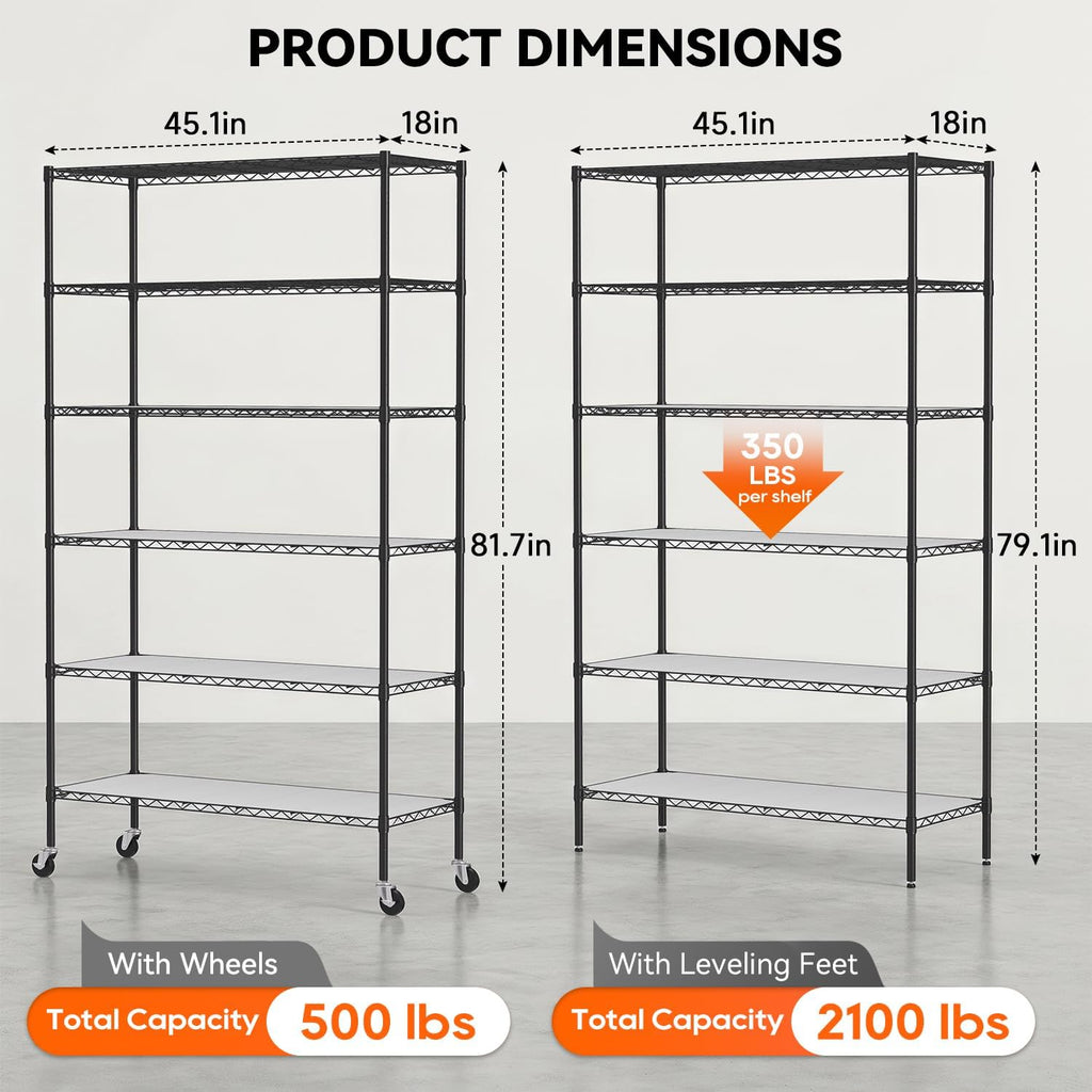 BestOffice | 6-Tier Wire Storage Shelves with PP Shim | 18x45x82 | Black | Wheels | Adjustable Racks | Heavy-Duty Metal Shelf, Holds Upto 2100 lbs | No-Tool Assembly | Ideal for Home & Garage Shelving