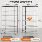 BestOffice | 6-Tier Wire Storage Shelves with PP Shim | 18x45x82 | Black | Wheels | Adjustable Racks | Heavy-Duty Metal Shelf, Holds Upto 2100 lbs | No-Tool Assembly | Ideal for Home & Garage Shelving