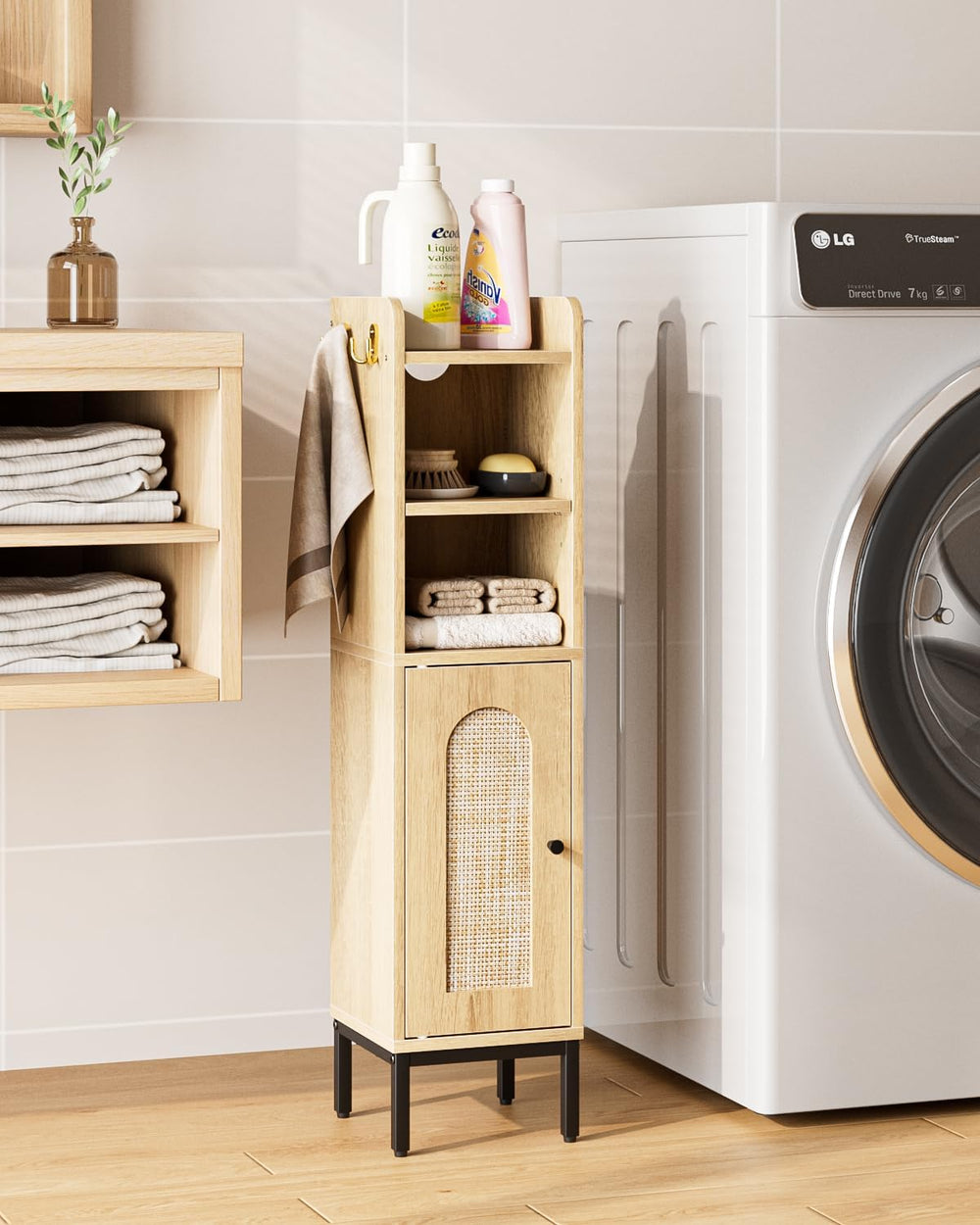 Bathroom Storage Cabinet, Small Corner Floor Hutch with 2Hooks,Narrow Toilet ...