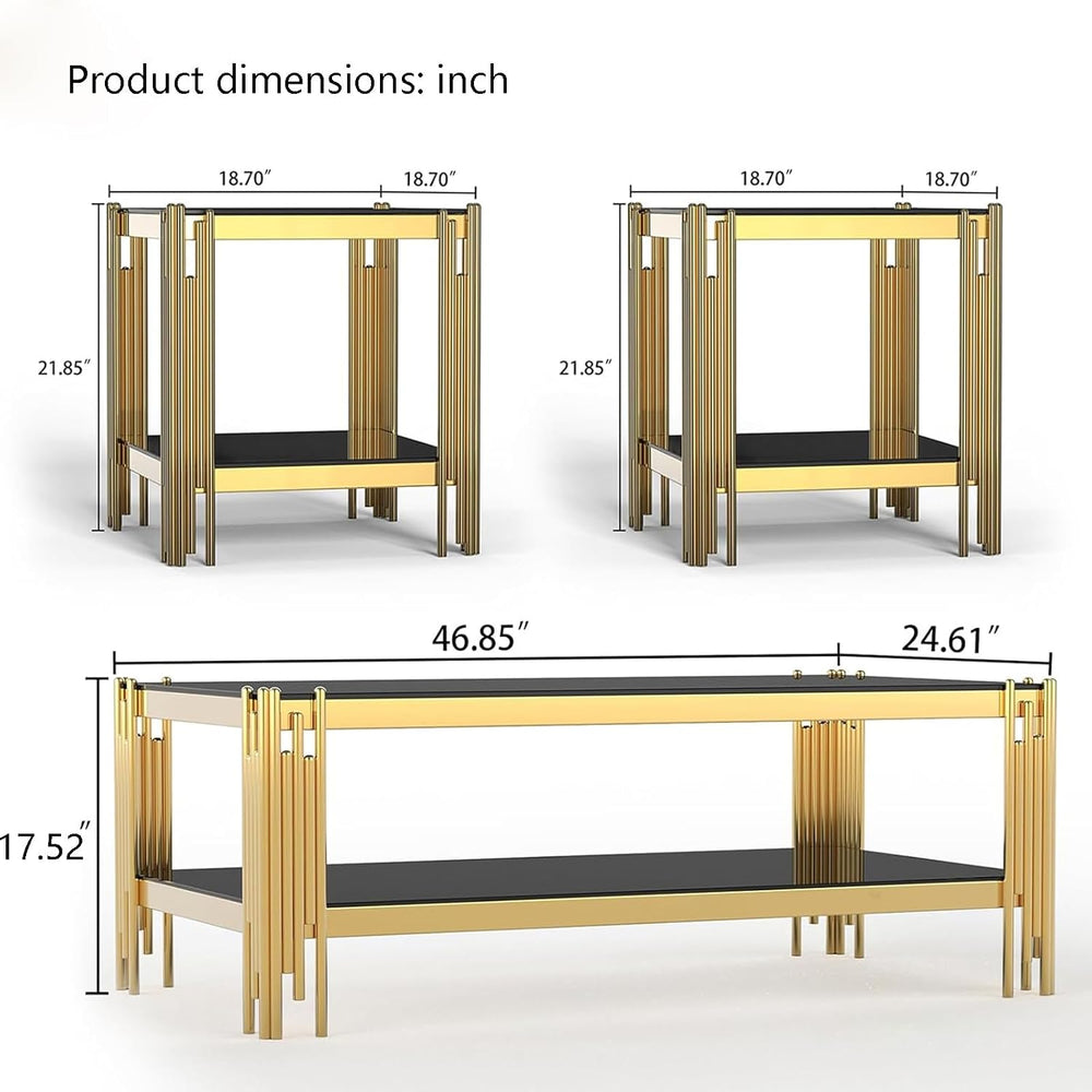 Henf 3-Piece Black Glass Living Room Table Set, 2-Tier Glass Coffee Table &am...