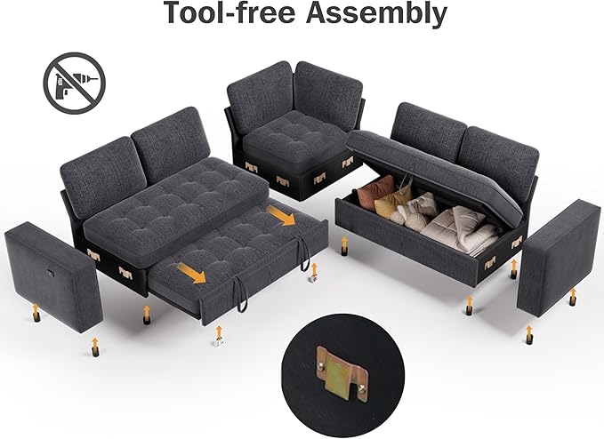 Vipbear 5 Seat L Shaped Modular Sectional Sleeper Sofa Bed with Pull Out Bed/Reclining Backrest/USB Ports/Storage Seat, Sectional Sleeper Couch, Tool-Free Assembly, Chenille Dark Grey