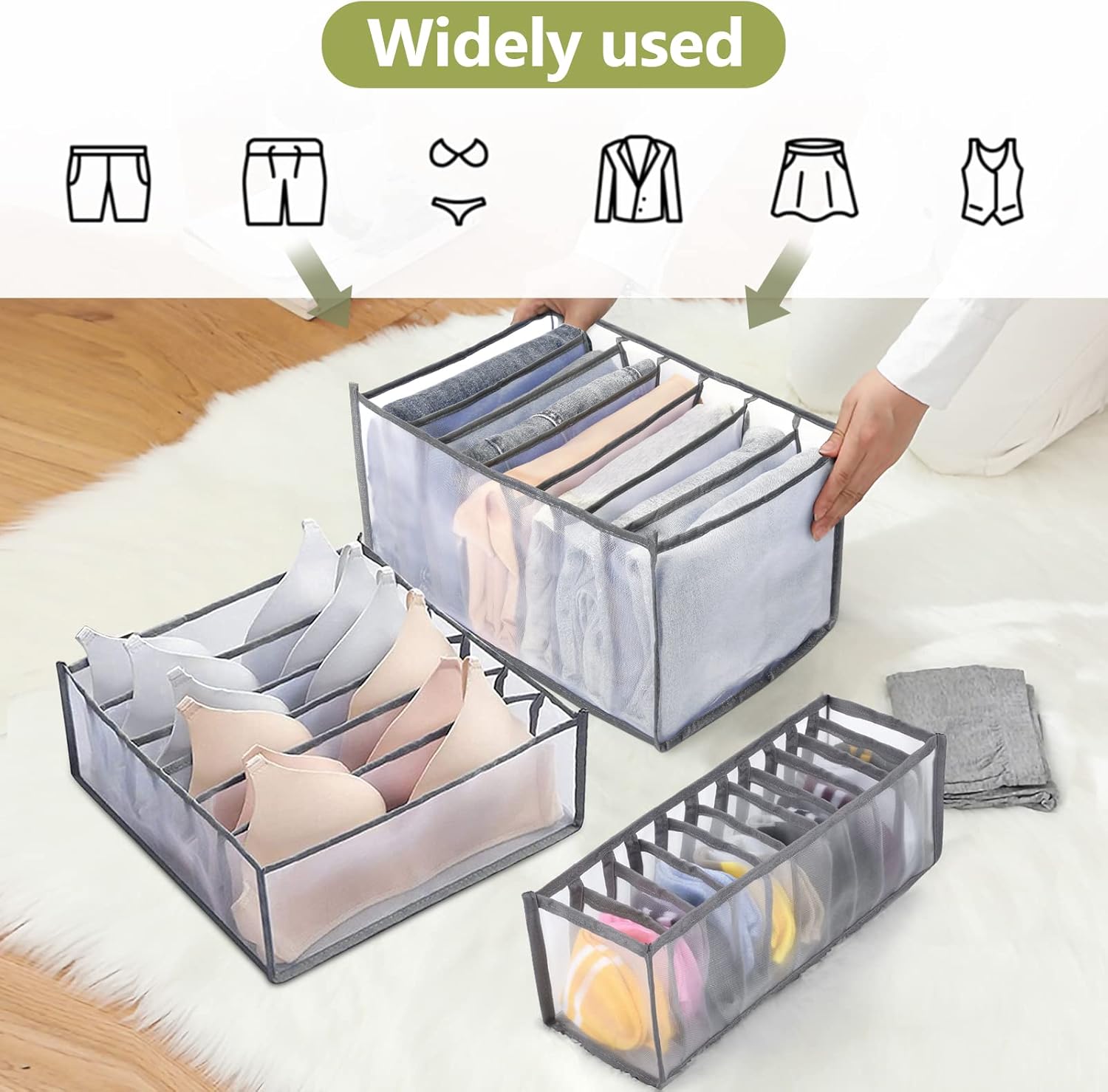TOOVREN Wardrobe Clothes Organizer, 7 Grids, Drawer Organizers for Clothing, Foldable Closet and Storage Basket, Clothes Compartment Box, Bedroom Dorm Room, 4PCS, Gray