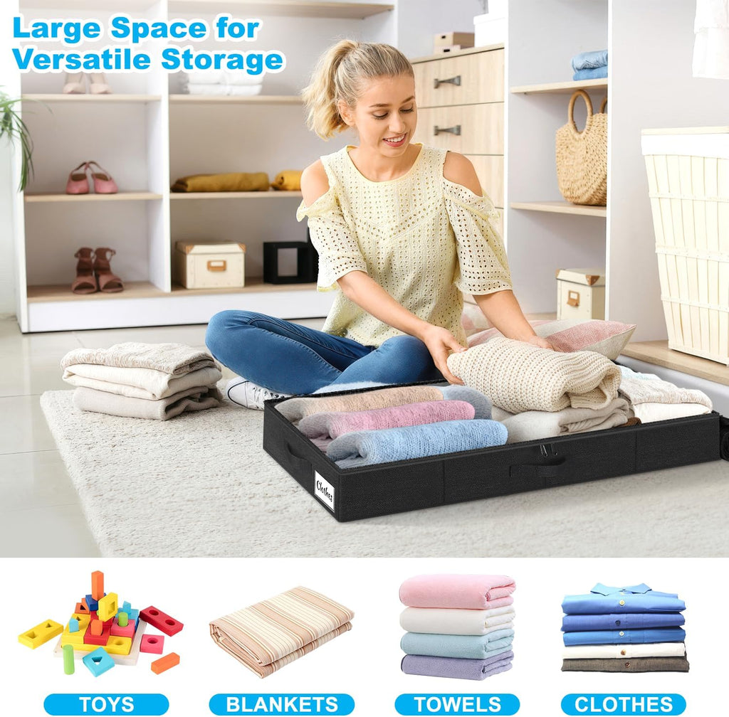 Under Bed Storage Container Bins 2 Pack, 5 Inch Thin Low Profile Underbed Clothes Storage Organizer for Dorm & Home, Use for Blanket and Toy Storage Box W/ Sturdy Bottom/Sides, Foldable Thick Fabric