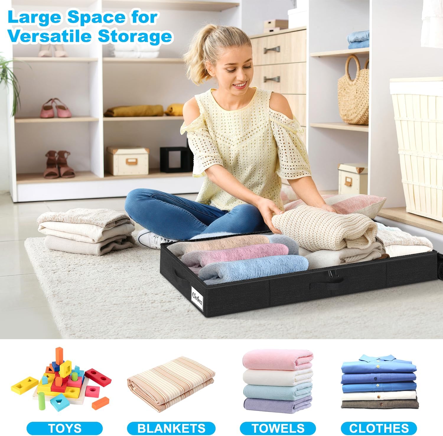 Under Bed Storage Container Bins 2 Pack, 5 Inch Thin Low Profile Underbed Clothes Storage Organizer for Dorm & Home, Use for Blanket and Toy Storage Box W/ Sturdy Bottom/Sides, Foldable Thick Fabric