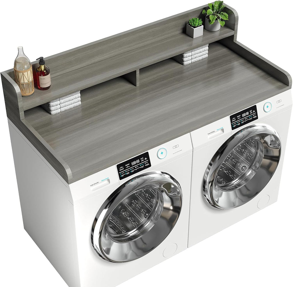 2-Tier Washer Dryer Countertop with 2.75" H Edge Rails, 58" W x 28" D Laundry Countertop for Folding Clothes, Washer and Dryer Topper with Non-Slip Pad (Stripe Gray)