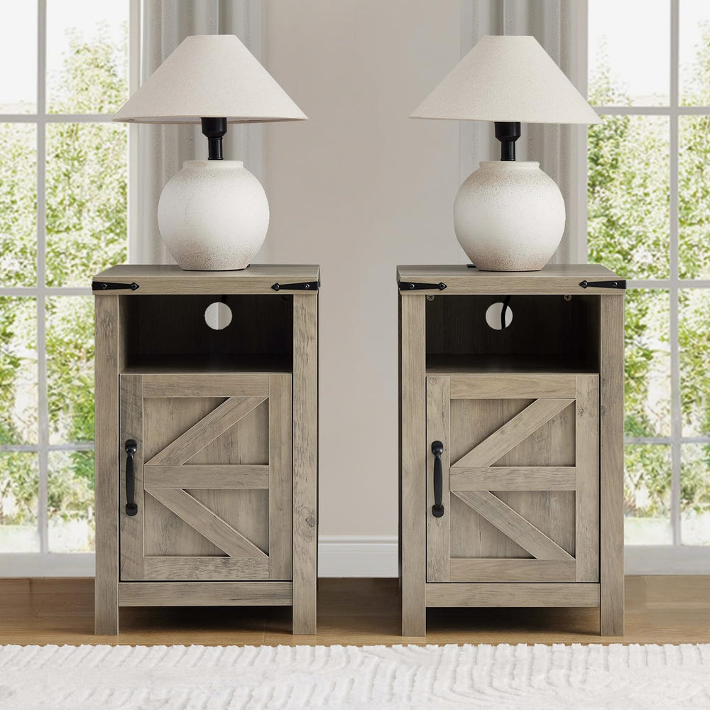 Farmhouse Nightstand Set of 2, Bedside Table with Charging Station, Night Sta...