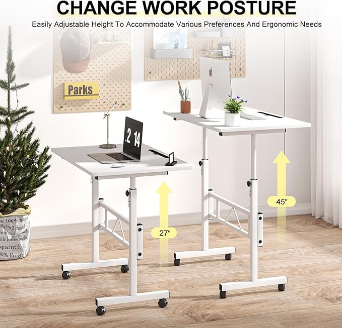 Small Standing Desk Adjustable Height, Portable Treadmill Desk, Mobile Table Ideal for Laptops and Tablets,White