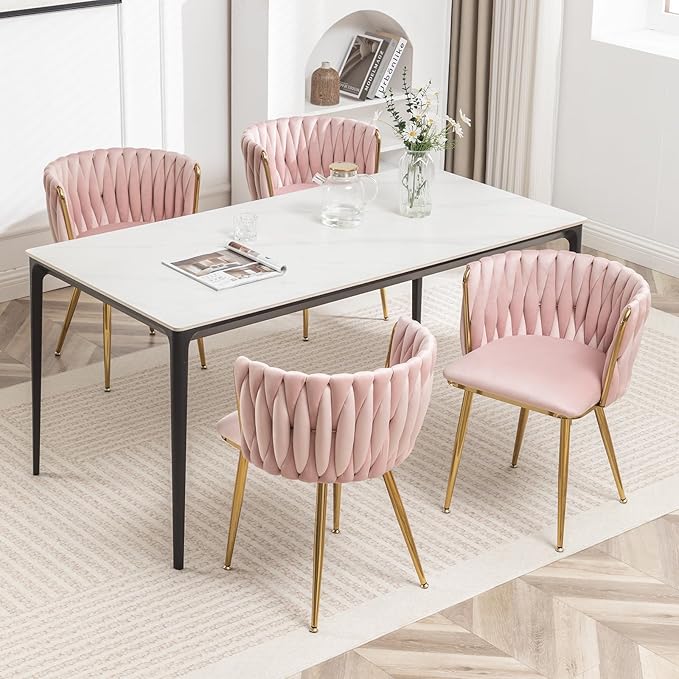 Velvet Dining Chairs Set of 4, Modern Upholstered Dining Chairs with Gold Metal Legs for Dining Room, Vanity, Kitchen, Living Room(Pink)