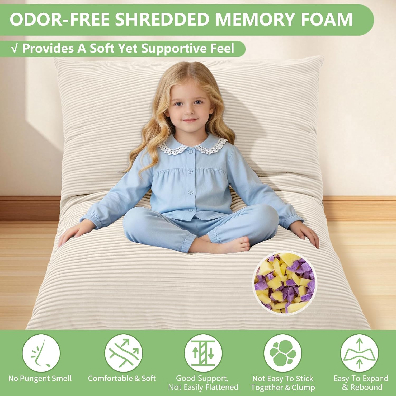 3-in-1 Kids Bean Bag Chair, Convertible Floor Cushion | Odor-Free Shredded Foam Resists Clumping, Removable Corduroy Cover, Cozy Lounge Seating for Bedrooms, Playrooms, Classrooms