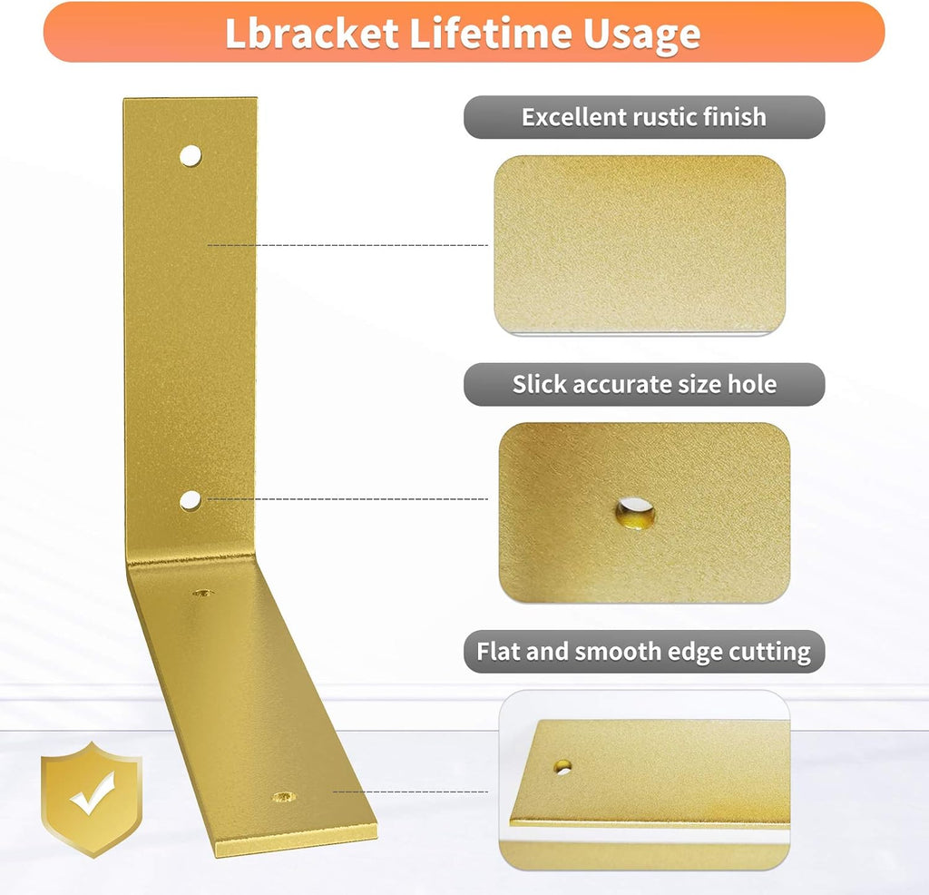 Gold Heavy Duty Shelf Brackets 8 Inch, Extra Thick L Shelving Brackets, Rustic Gold Iron Floating Shelves Wall Mounted with Hardware for DIY Open Shelving, 4 Pack