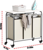LINZINAR 3 Bag Laundry Basket Sorter Heavy Duty Rolling Lockable Wheels Laundry Hamper Cart with Ironing Board and Removable Bags, Beige