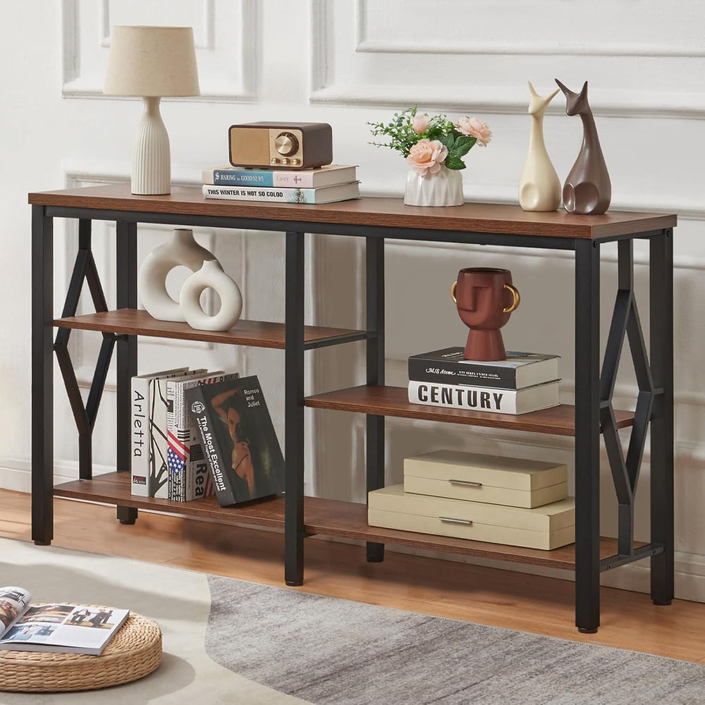 HOMBAZAAR Console Sofa Table, Rustic Entryway Table with Metal Frame and Open...