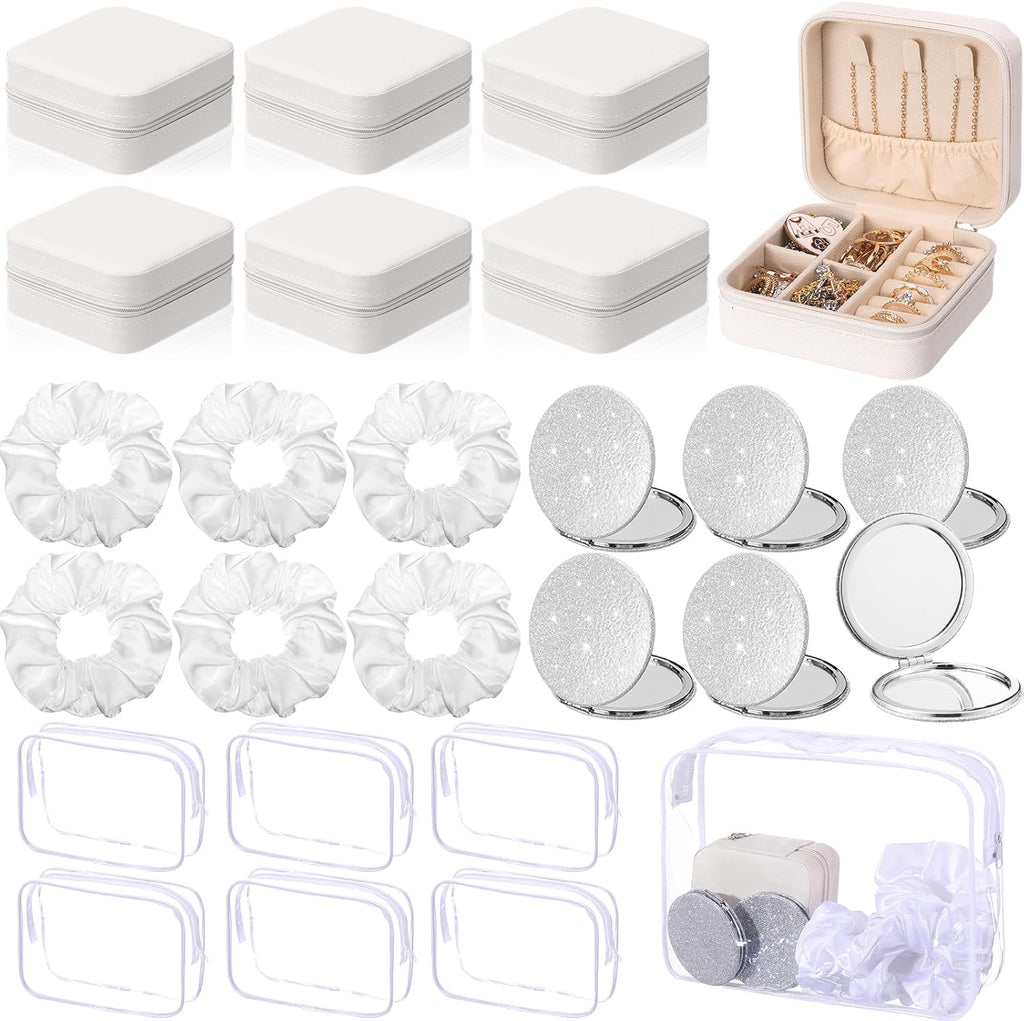 Yalikop 24 Pcs Spa Party Favor 6 Jewelry Boxes 6 Scrunchies 6 Glitter Mirrors 6 Bag Gift for Bridesmaid Bridal Bachelorette Party (White)
