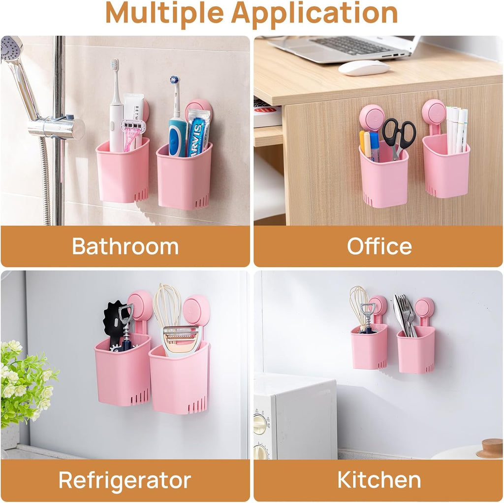 LEVERLOC Powerful Suction Toothbrush Holder 2 Pack, Removable Drill-Free Wall Shower Holder for Toothbrush, Toothpaste, Razor, Self-draining Suction Cup in Shower, Kitchen Tableware Organizer, Pink