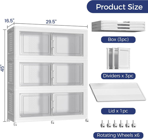 120GAL Extra Large Storage Bins with Lid, 480Qt Stackable Closet Organizers and Drawers, Collapsible Storage Bins with Wheels, Folding Containers for Home, Kitchen Office, 3Pack White