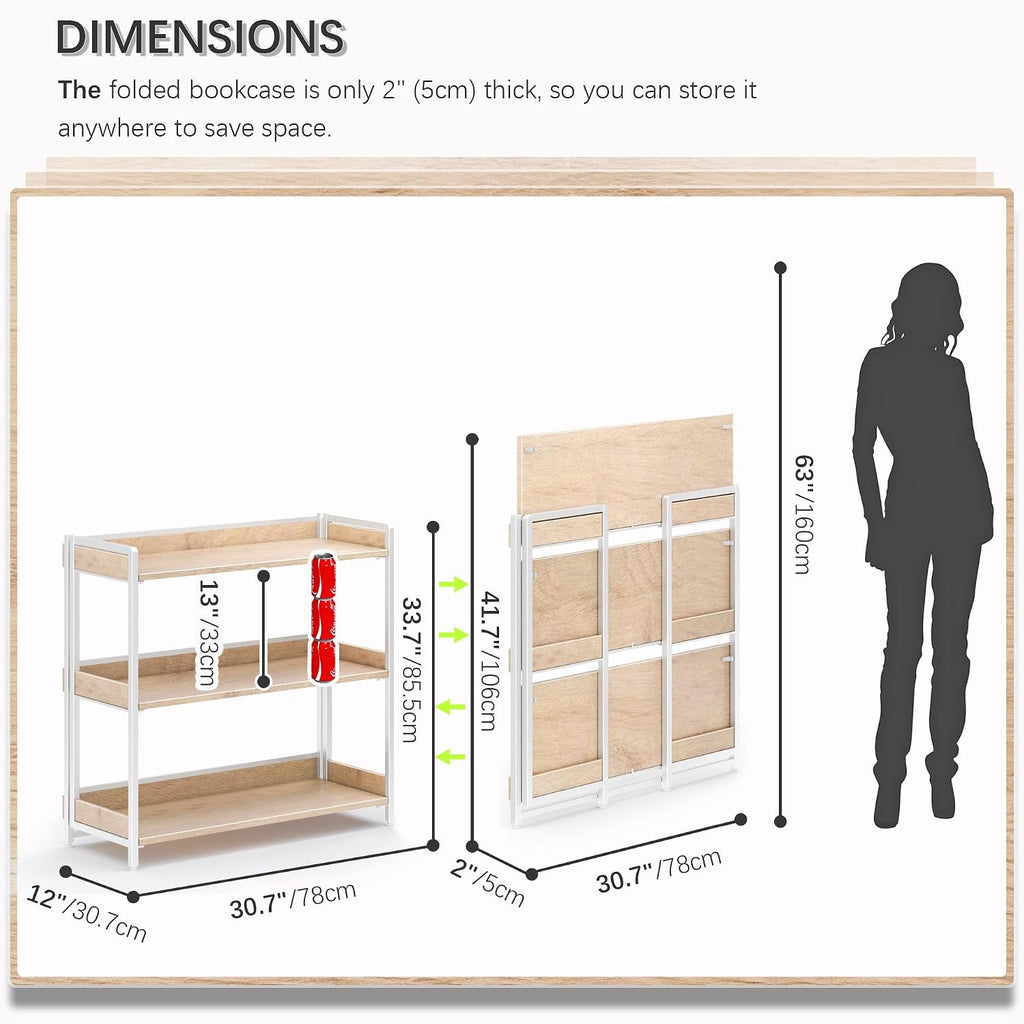 4NM Extra Wdie No Assembly Folding Bookshelf, 34" H x 30.9" W, 3 Tier Collapsible Book Shelf Bookcase Foldable Shelves for Bedroom Living Room Home Office - Cloud Oak & White
