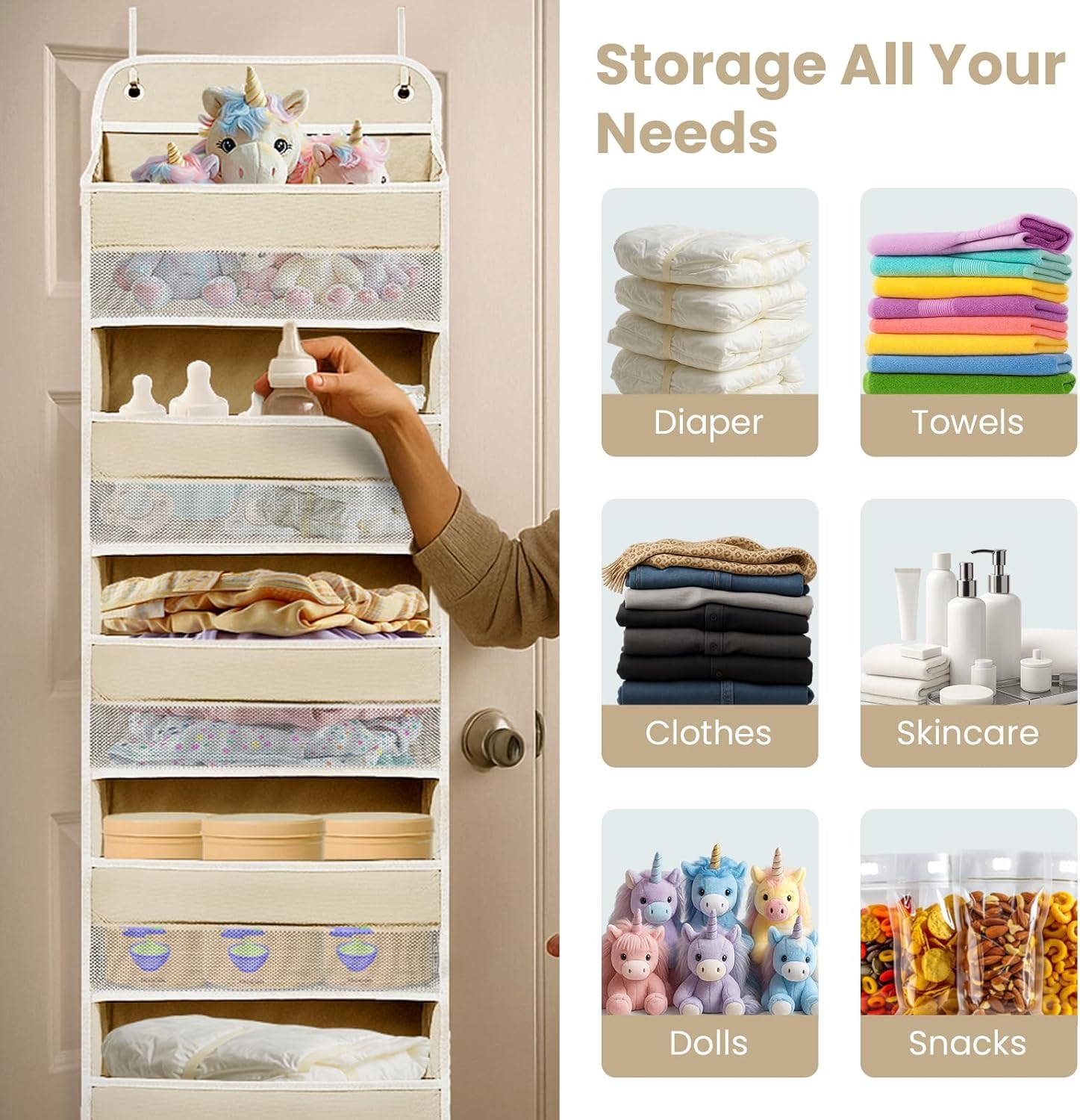 Over The Door Organizer with 8 Side Mesh Pockets, 44lb Weight Capacity Hanging Behind The Door Bathroom Organizers and Storage Suitable for Storing Toys, Shoes, Towels, Lvoy White, 5 Shelf