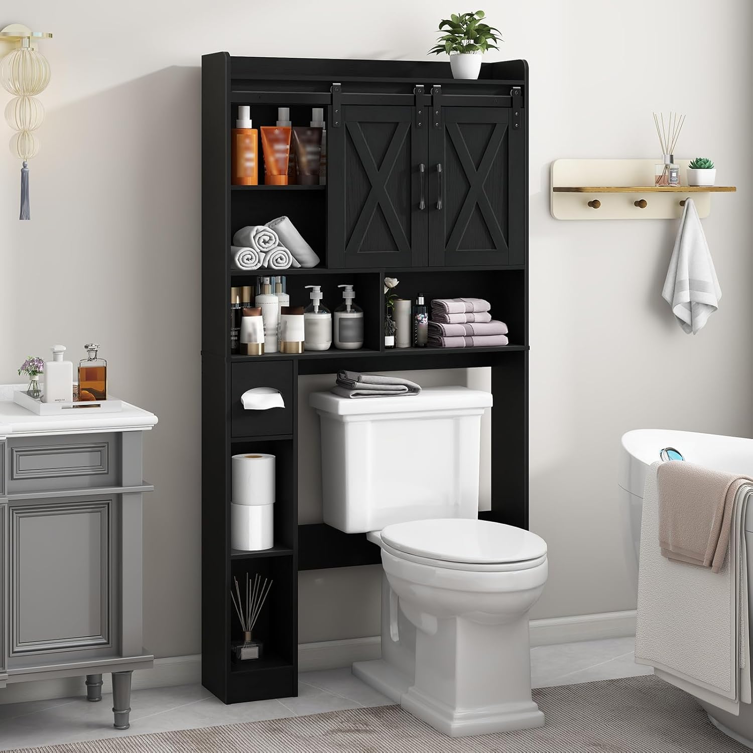 Vabches Over The Toilet Storage Cabinet, Farmhouse Storage Cabinet Over Toilet with Sliding Doors & Toilet Paper Holder Stand，Home Space-Saving Toilet Rack, for Bathroom, Laundry and Restroom.Black