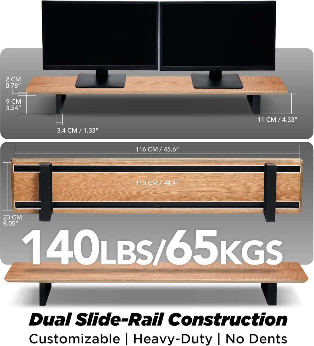 Moodular Wooden Monitor Stand 45.6” (116cm) Large Desk Organizer with Metal Slide Rails for Drawer, Tray, Laptop, Tablet, Phone & Headphones Customizable Riser for Organized Workspace Oak