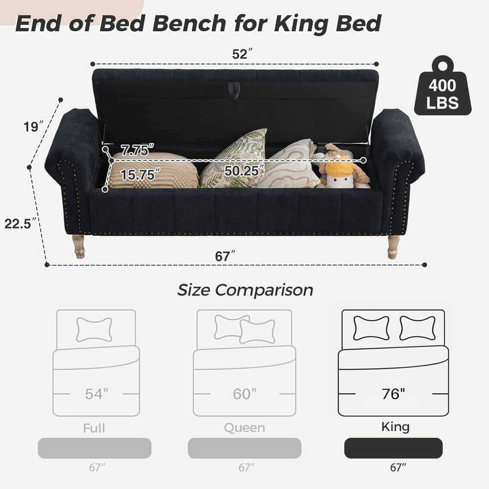 67" Storage Bench for Bedroom End of Bed King Size, Bedroom Bench with S...