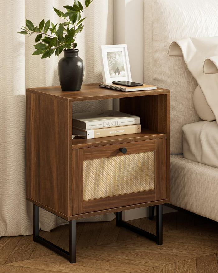 Masupu Extra Large Rattan Nightstand,Modern Boho Farmhouse Wood Bedside Table with Storage Drawer and Open Shelf, Black Frame Side End Table for Bedroom,Living Room,Office (Walnut)