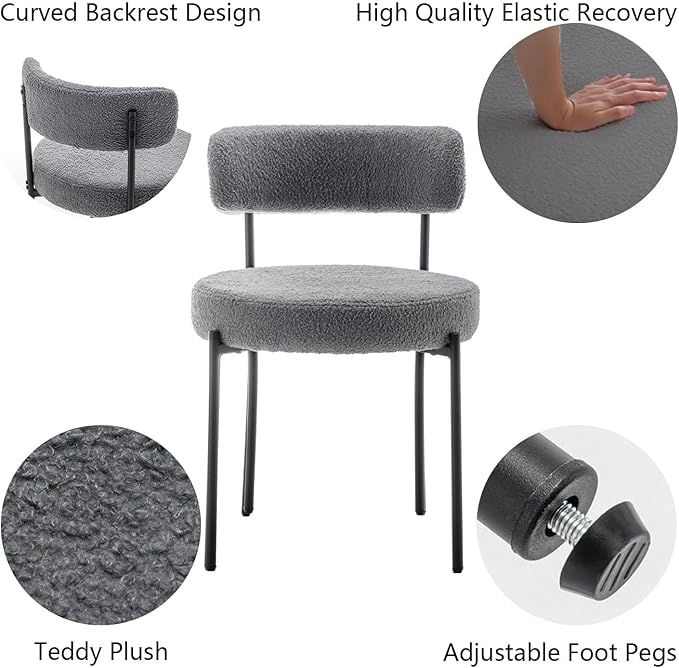 Grey Boucle Dining Chairs Set of 2, Upholstered Dining Room Chairs with Black...