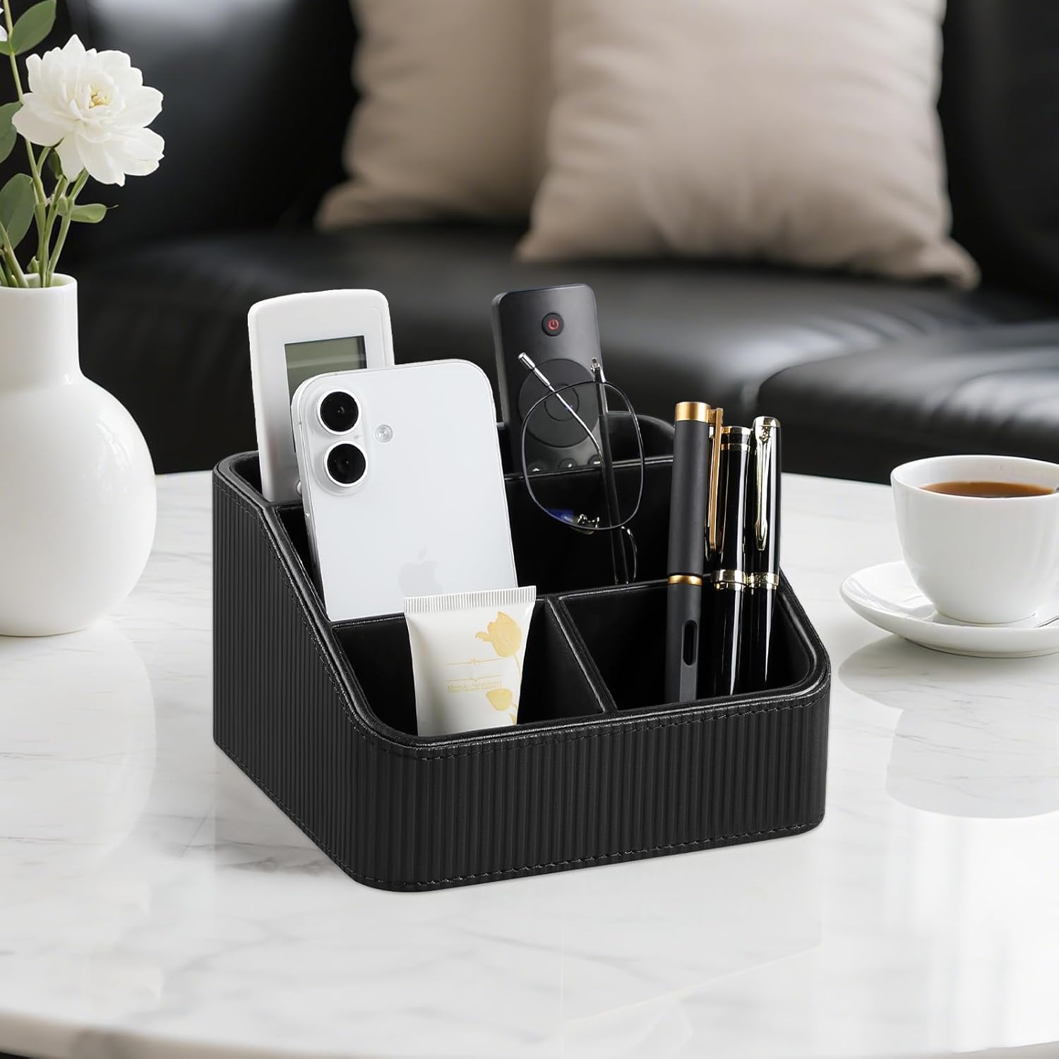 Remote Control Holder with 4 Compartments, PU Leather Small Nightstand Organizer for Home Desk Accessories Office Supplies, Multifunctional Stylish Small Bedside Desktop Organizers (Black)