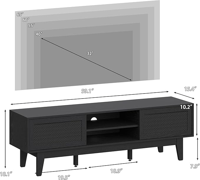 Boho TV Stand for 55 65 Inch TV, Rattan Entertainment Center with Shelves, Cabinets and Sliding Doors, TV Media Console Table with Solid Wood Feet & Cord Holes for Living Room, Bedroom, Black