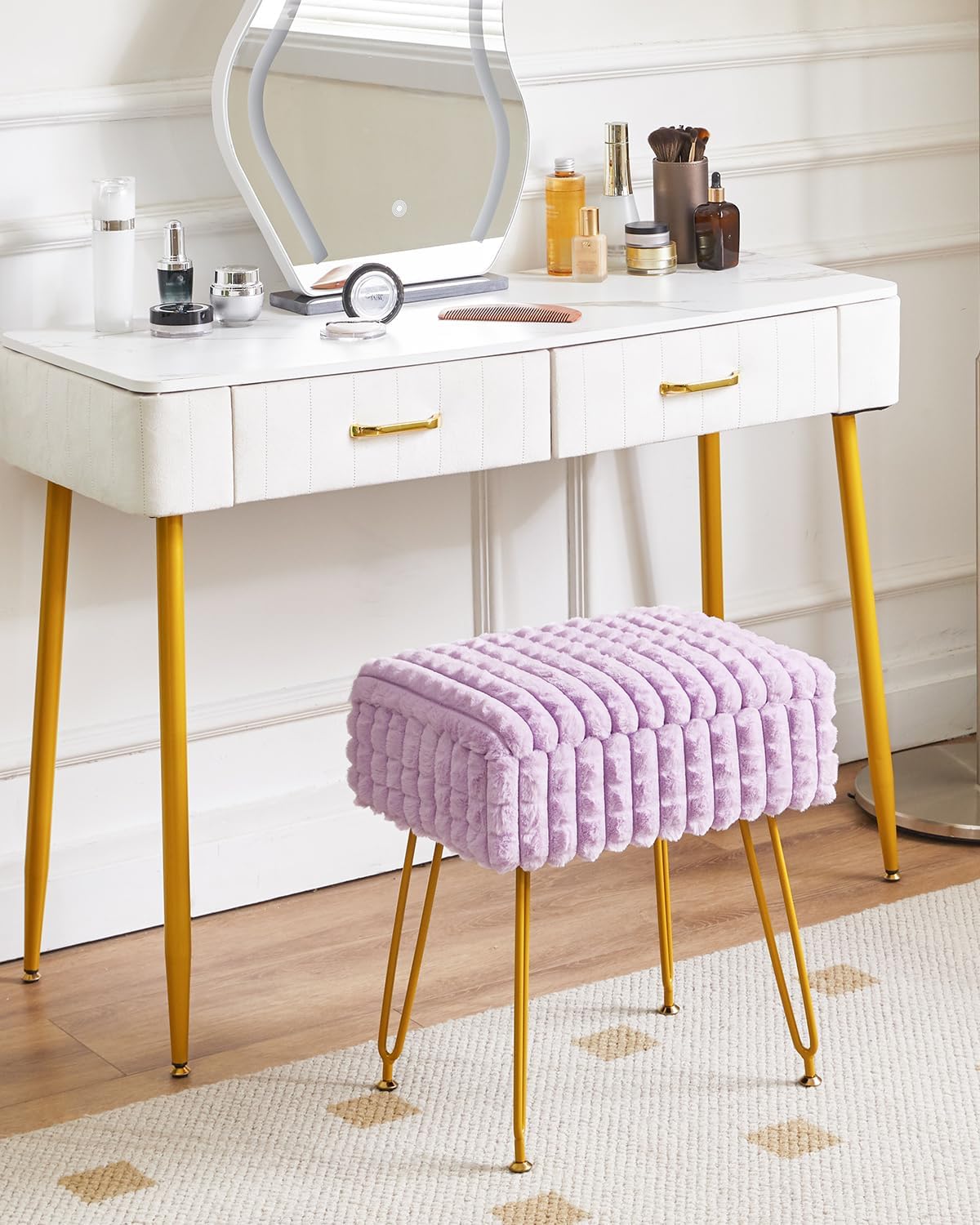 IBUYKE Rectangle Vanity Chair Ottoman, Footrest Stool, Purple WBD004V | Storage Space Footstool Vanity Stool Dressing Table Chair Anti-Slip Feet Makeup Room Bedroom Square Grid Pattern